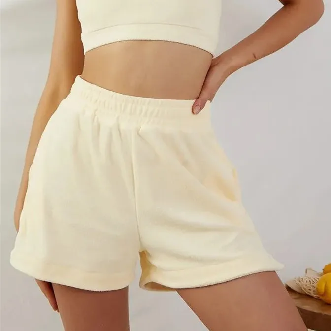 

2021 Summer High Quality Loungewear Plain Cotton Velvet Two Piece Sets Furry Woman Velvet Sweat Shorts