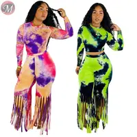 

9082807 new fashion autumn long sleeve tie dye tassel woman fashion Two Piece Pants Set Women Clothing