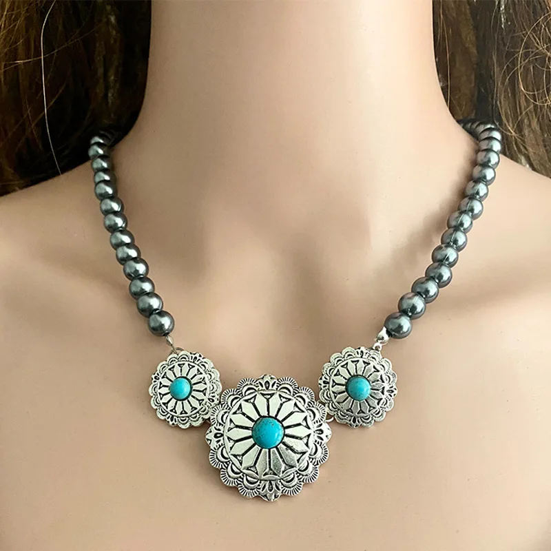 

Pumpkin Flower Western Cowboy Indian Tribe Pearl Necklace Bohemia Exaggerated European American Style Necklace Wholesale, As shown