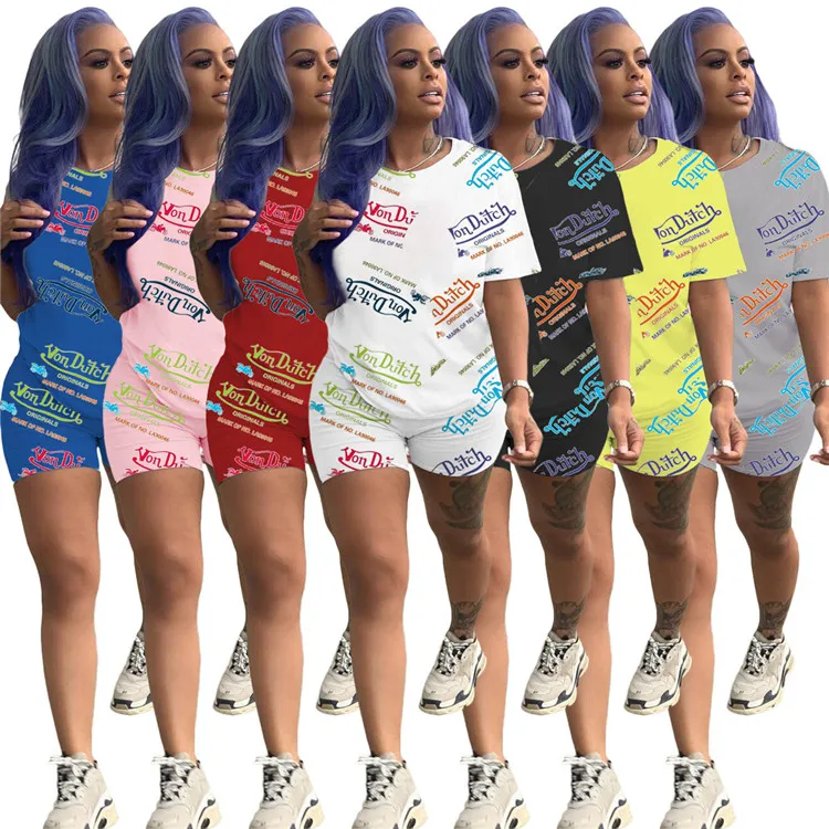 

2021 Boutique Casual Ladies Outfits Short Sleeve Letter Print Minipants Summer Women Homewear Two Piece Set, Picture shown