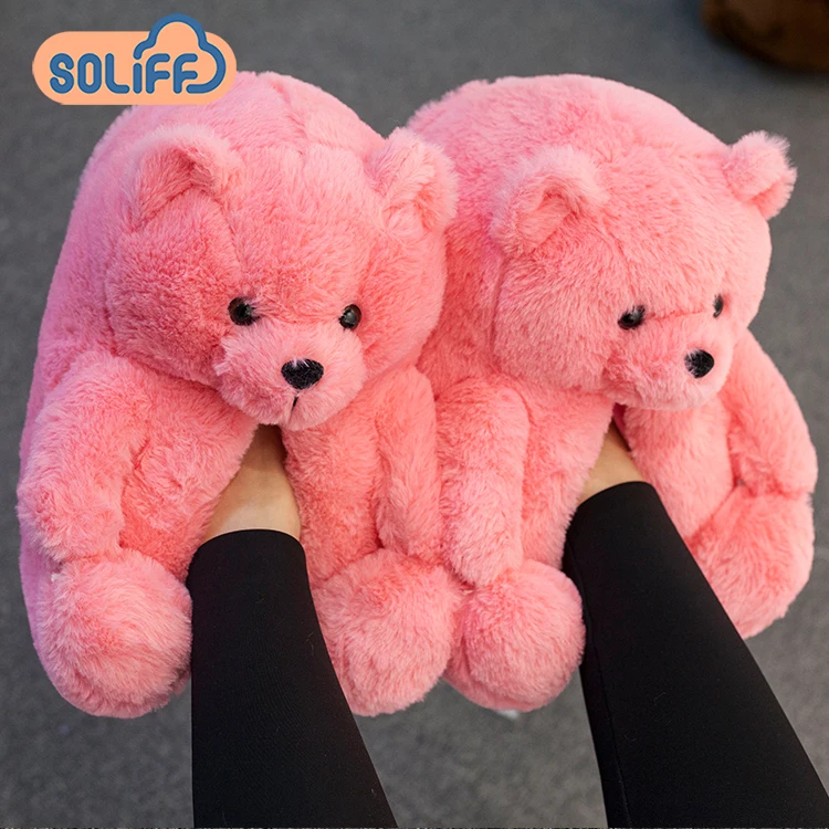 

furry women Teddy bear fur slides customized colors drop shipping teddy bear slippers, Customized color