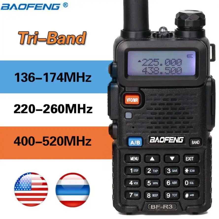 

2019 BaoFeng BF R3 Tri Band 3 bands Walkie Talkie ham 136 174Mhz 220 260Mhz&400 520Mhz amatuer handheld Two Way portable Radio
