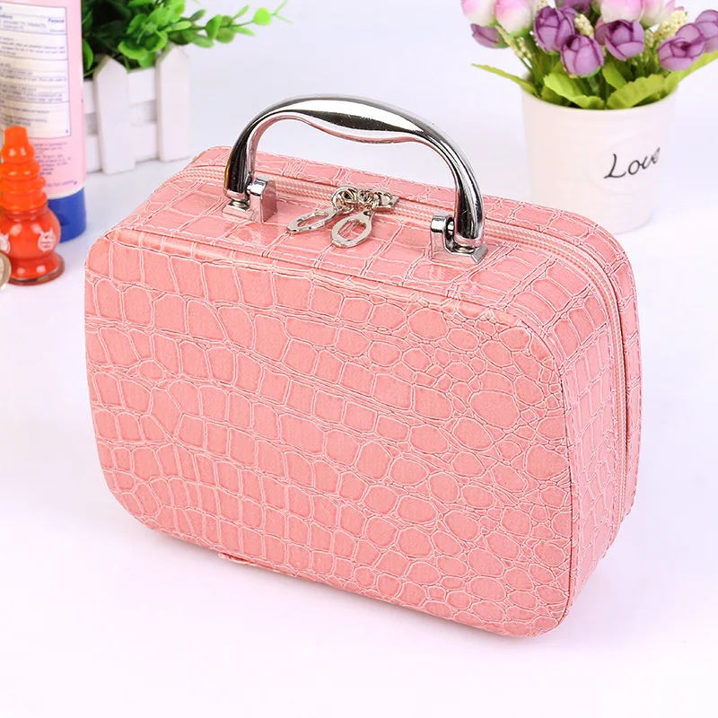 

hot sell stone pu leather make up box cosmetic bags with mirror, Solid colors