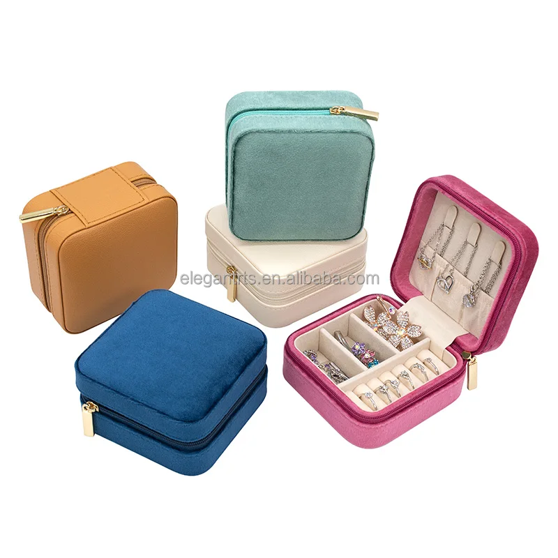 

Custom Logo Macaron Pu Leather Travel Jewellery Case Luxury Small Black Ring Zipper Jewelry Organizer Box, Gray