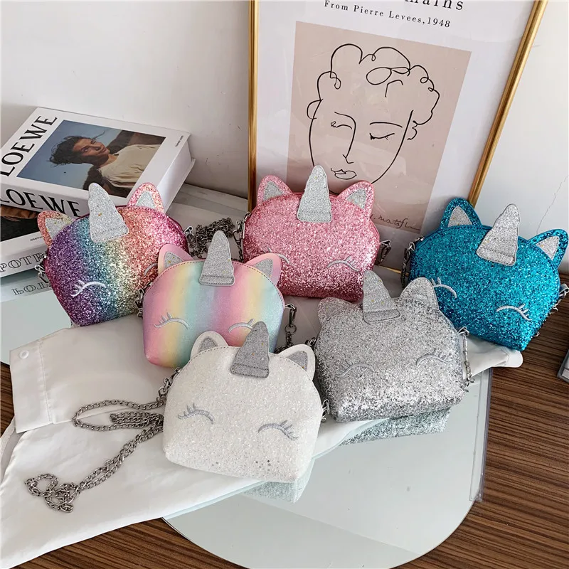 

New creative summer fashion sequined kids cute colorful shoulder bags cartoon cat rainbow mini chain purse, 6colors