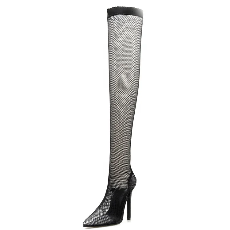 

Super Sexy Women Fishnet Sock Thigh High Summer Boots Pointed toe Over the Knee High Booties Lady Party Night Club Long Boots, Black