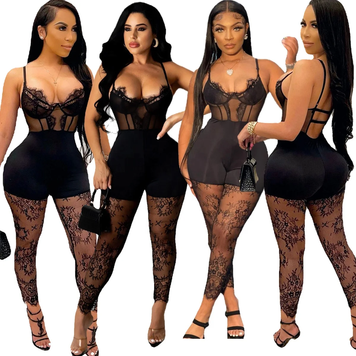 

MT55-5259 Sexy Lace Patchwork Skinny Spaghetti Strap Trendy Jumpsuit For Women See Through Black Sleeveless Cami Jumpsuit