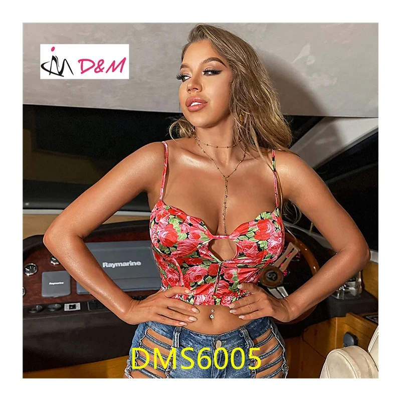 

D&M Women Flower Chest Cup Retro Printing Small Vest Sexy Tops For Women Club wear Camis Spaghetti Strap Crop Tank Top, Shown,or customized color,provide color swatches