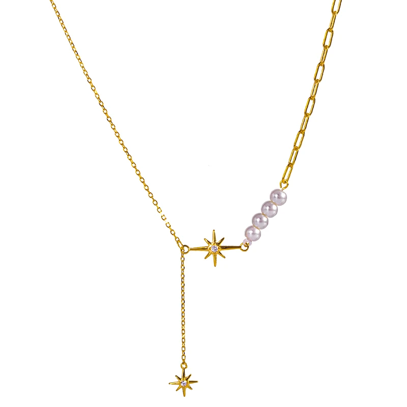

Pearl cz starburst long chain Necklace