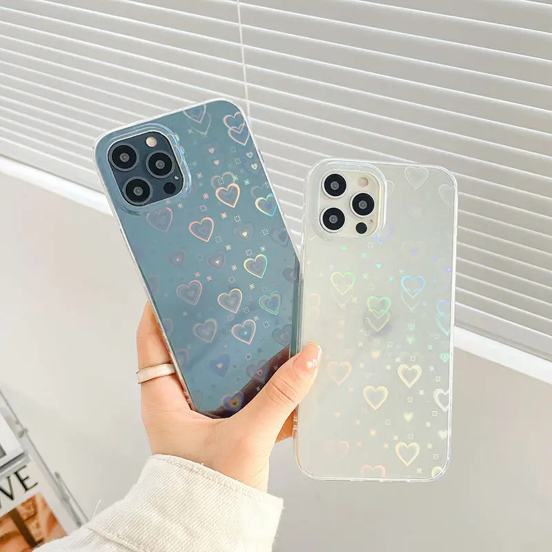 

Fashion Gradient Laser Colorful Light Love Heart Glitter Case For iPhone 13 13pro 12 Laser Case, Same as picture