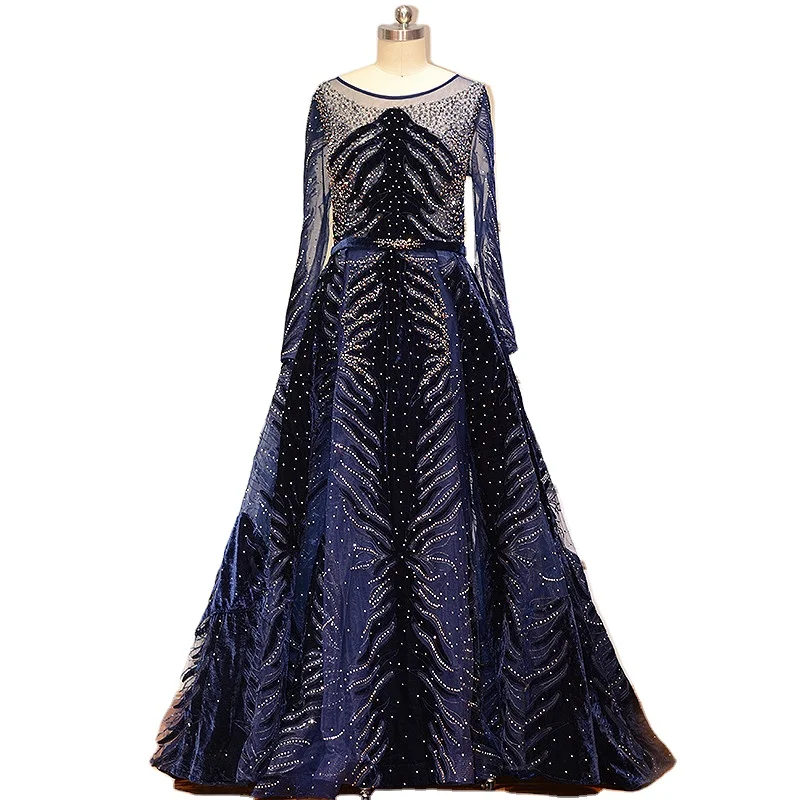 

Navy Blue Long Sleeves Velvet Mermaid Evening Dresses Serene Hill LA60914 Beaded Over Skirt Plus Size Women Party Gowns