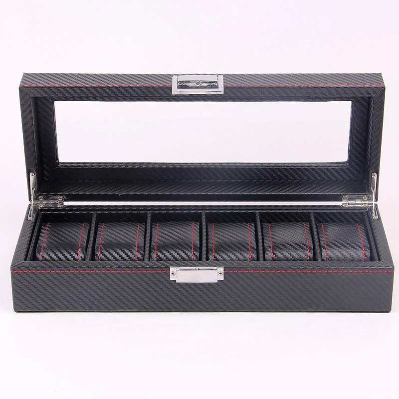 

New 6 grids wristwatch box holder carbon fiber watches display case rectangle jewelry boxes, Red& black& yellow