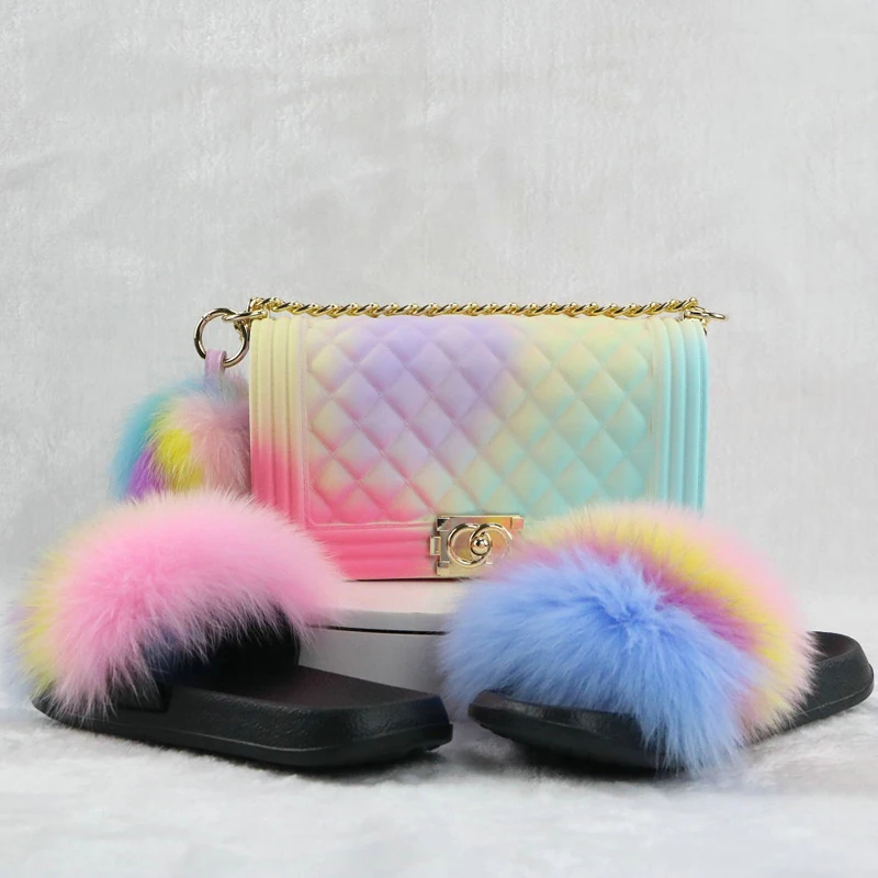 

Wholesale Summer Luxury PVC Rainbow Metal Chain Handbags For Women With Matching 2021 Candy Mini Jelly Purse And Slides Set
