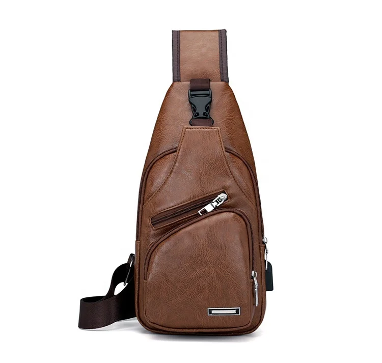

Factory direct sales Custom Waterproof PU Leather messenger Sling Bag Men Crossbody Chest bag with USB charging port