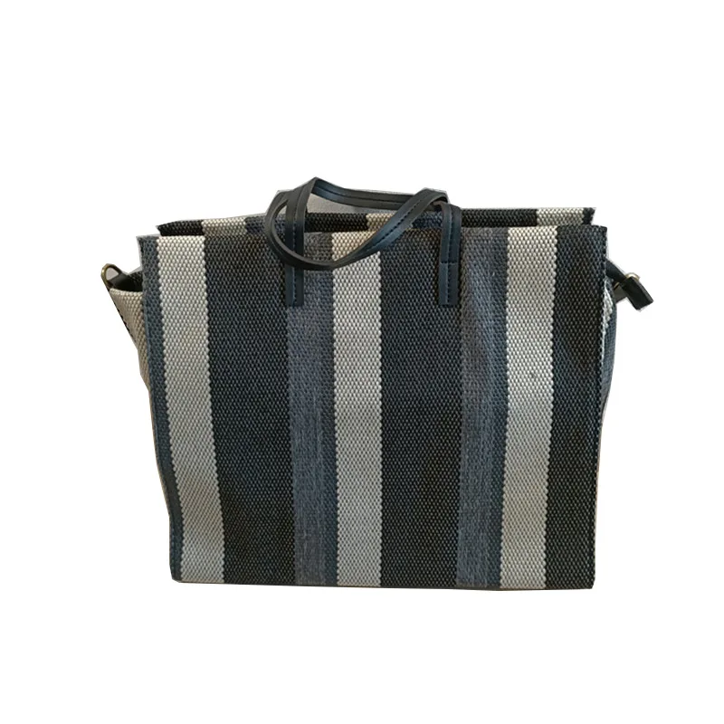 

Wholesale Fashion Natural Color Stripe Canvas Women Travel Shopping Bags Women Handbags Ladies, Khaki,blue,black