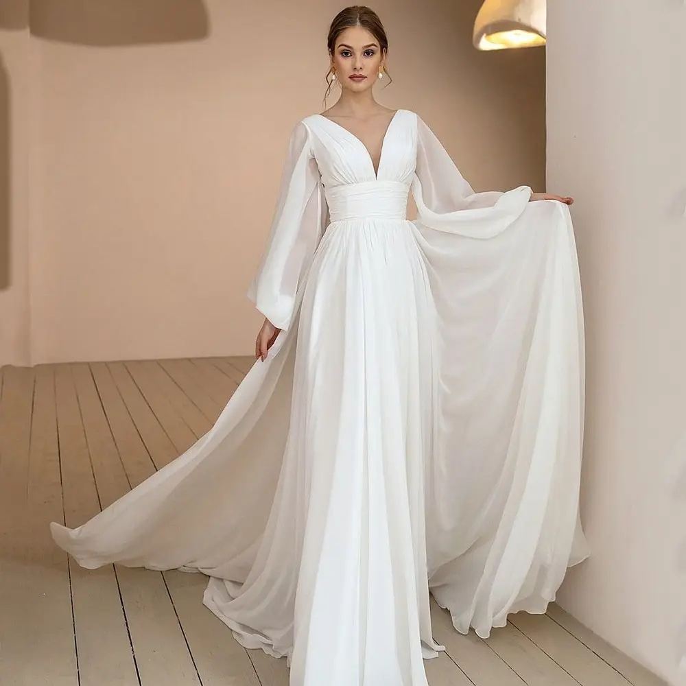 

13234#Beach Bohemian Backless 2022 Puffy Sleeves A-Line Princess Elegant Chiffon Pleated Sweep Train Wedding Dress Bridal Gown