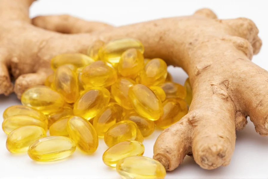 Close-up of ginger root extract capsules next to fresh ginger rhizome showing concentration difference