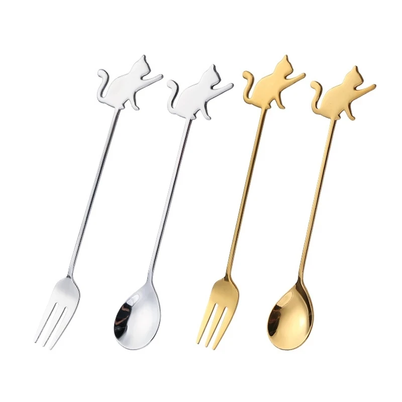 

free shipping Stainless Steel Tableware Creative Dessert Spoon Fruit Fork Cartoon Cat Cute Japanese Coffee Stirring Fork Spoon