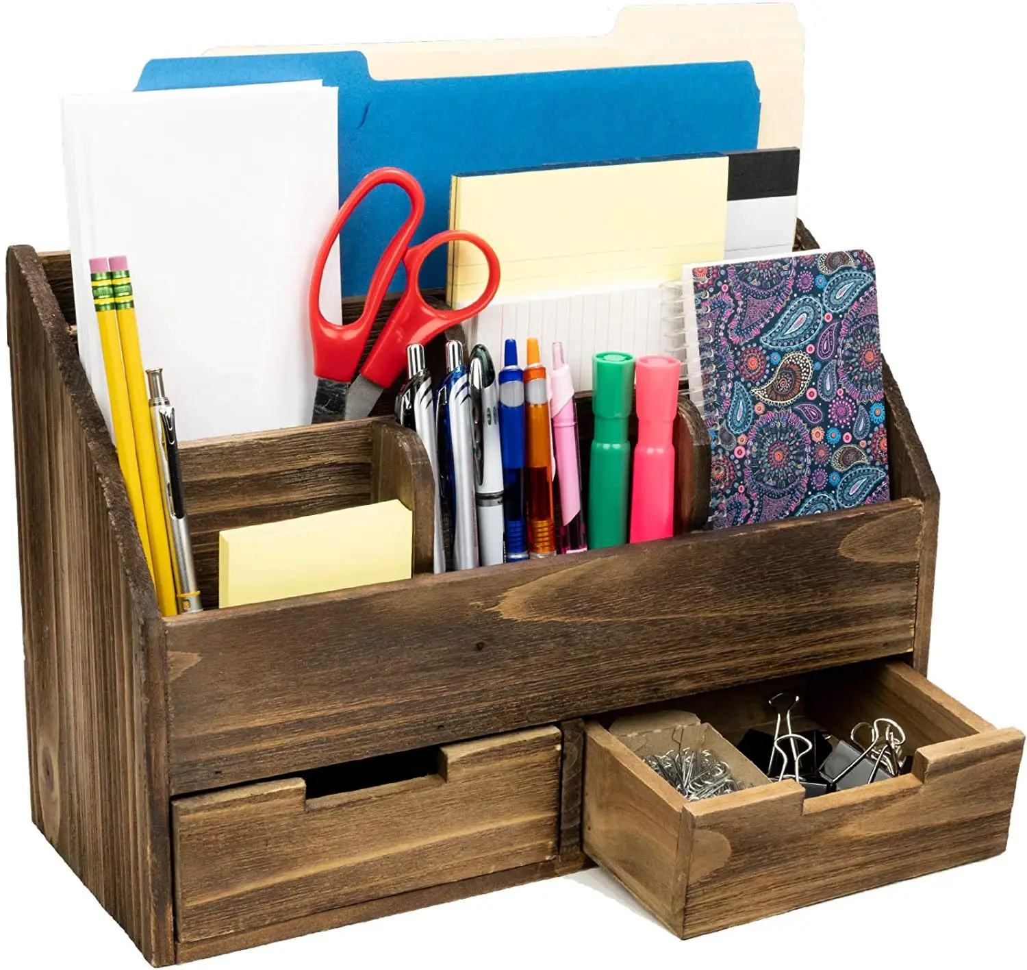 Rustic Wood Office Desk Organizer Includes 6 Compartments And 2