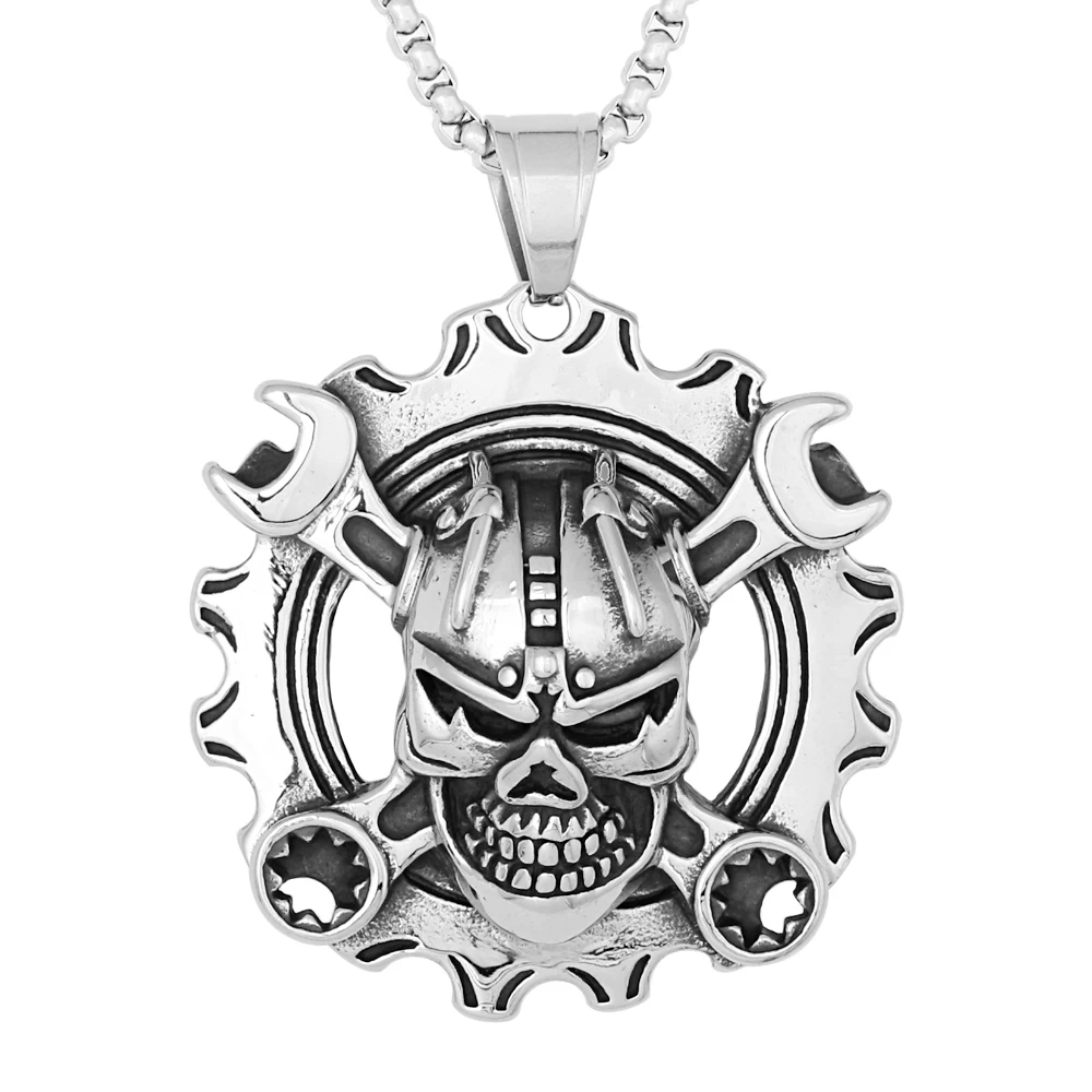 

Personality Mens Fashion Punk Stainless Steel Wrench Skeleton Skull Pendant Necklace