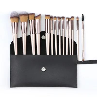 

2021 New Design High end 14Pcs gold make up brushes kit with bag vegan private label cosmetics makeup brush set, Multi color