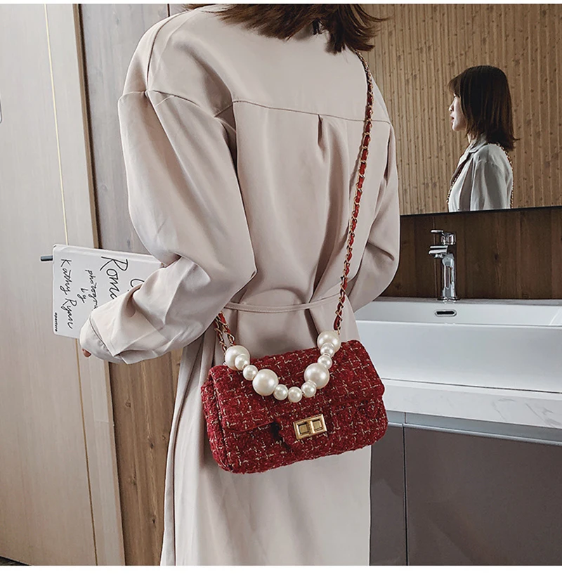 

2020 New Korean Fashion Chains Fashion Tweed Satchel Plaid Shoulder Bag Pearl Handle Chains handbags