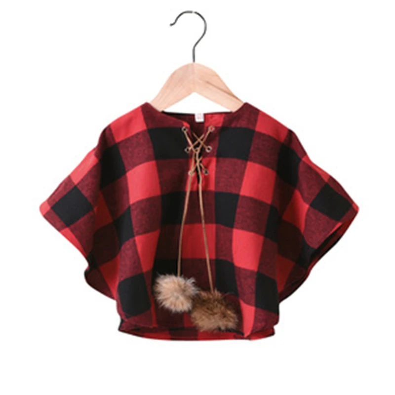 

Children'S Clothing Plaid Fur Ball Loose Hedging Cloak Children'S Cloth, Picture