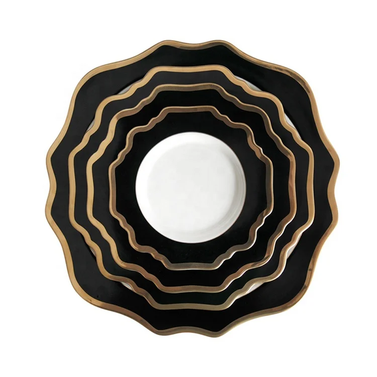 

luxury plates and dishes Nordic Scalloped Ceramic Plate Black Gold Rim Porcelain Charger Plate