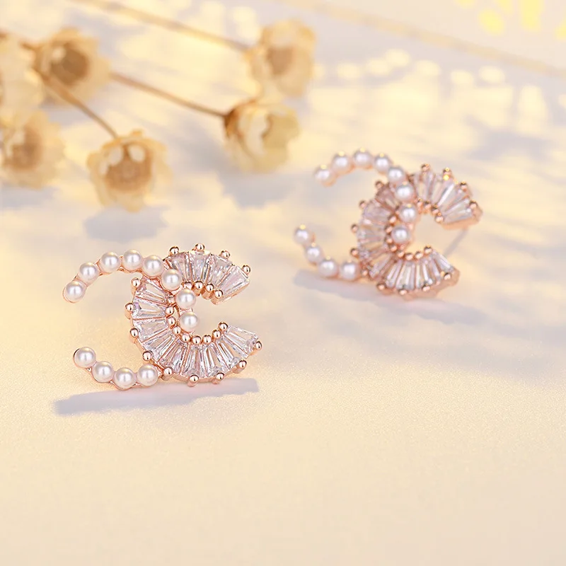 

Fashion Luxury Brand Channel Earrings Double Letter C Earrings Pearl Zircon Copper Earrings for Women Gold Plated Jewelry, Colorful