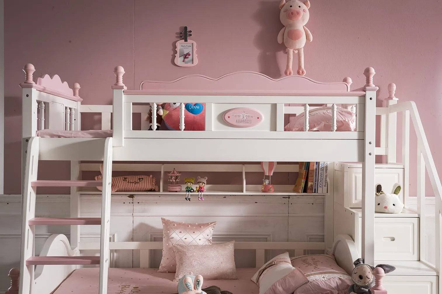 High quality pink+red solid wood bunk bed and other children furniture