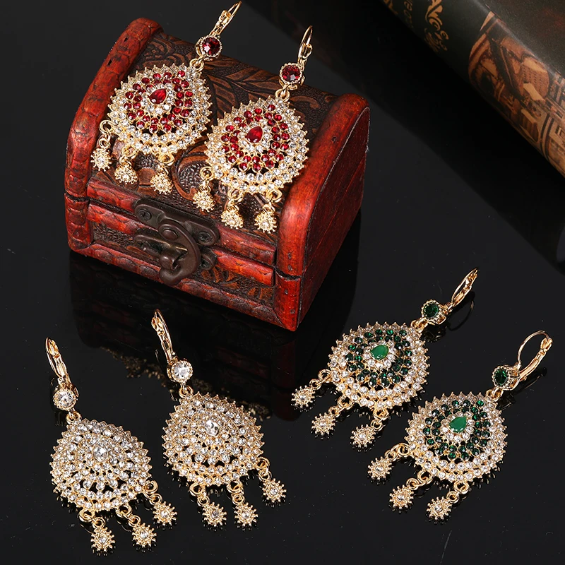 

Factory Custom Women Boho Style Drop Earrings Gemstone Ethnic Style Gold Plated Dangle Earrings, Gold white+gold red+gold green