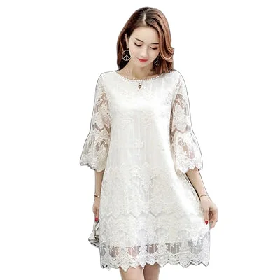 

2021 summer Korea design women's while lace patchwork dress half-sleeve knee-length floral embroidery dress