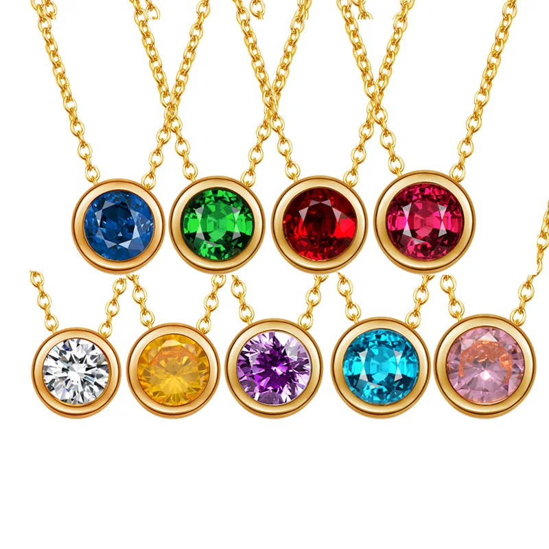 

Stainless steel stone necklace Bling diamond birthdate stone tiny single citrine amethyst garnet round cubic zircon pendant neck