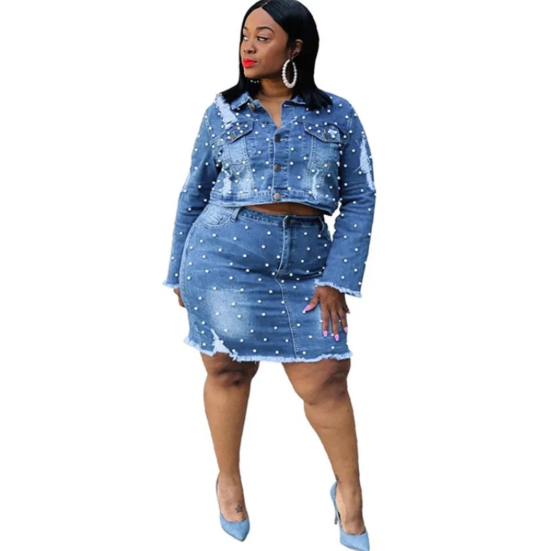 Beaded Denim Jeans Two Piece Skirt Set 