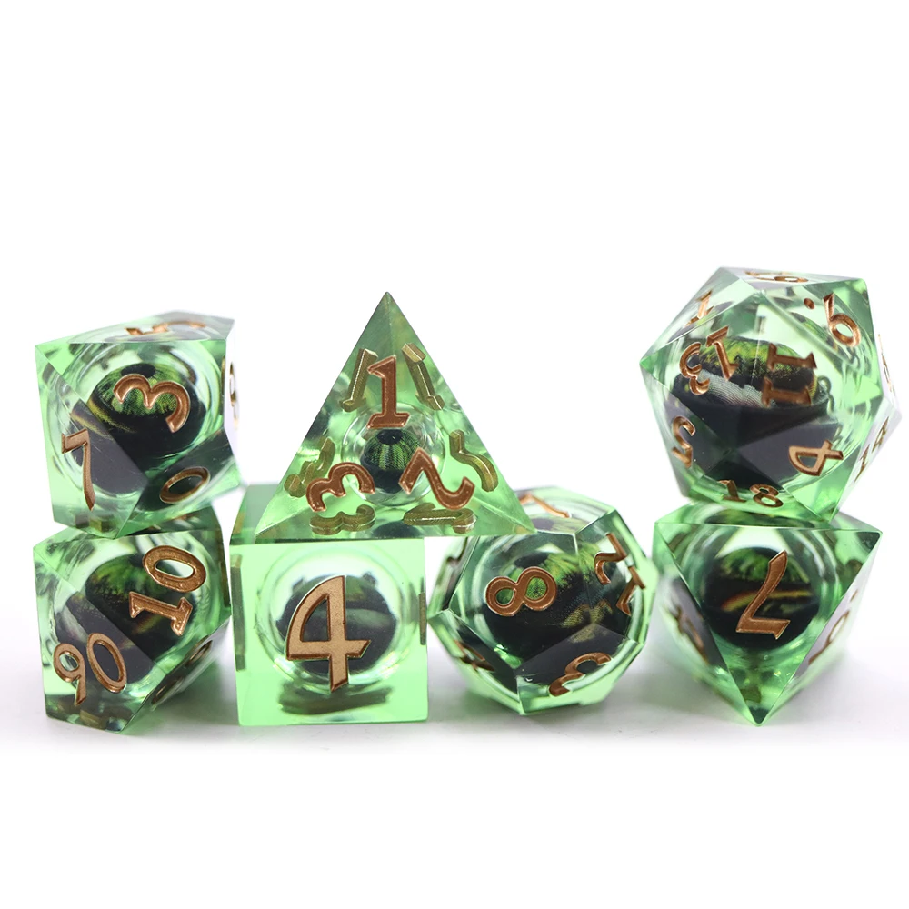 

Hot Sales Factory Price Green Dragon Eyes Dice Resin Liquid Core Dice Sharp Edge Dice Set