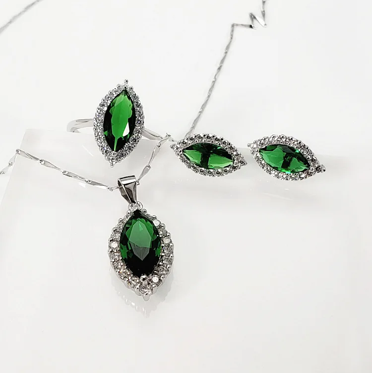 

Wholesale Fashion Three-Piece Women Colorful Crystal 925 Sterling Silver Stone Jewelry Set, Green, red