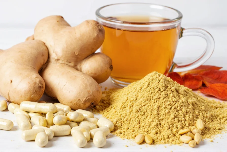 Various forms of ginger preparations including fresh root, powder, capsules, and tea
