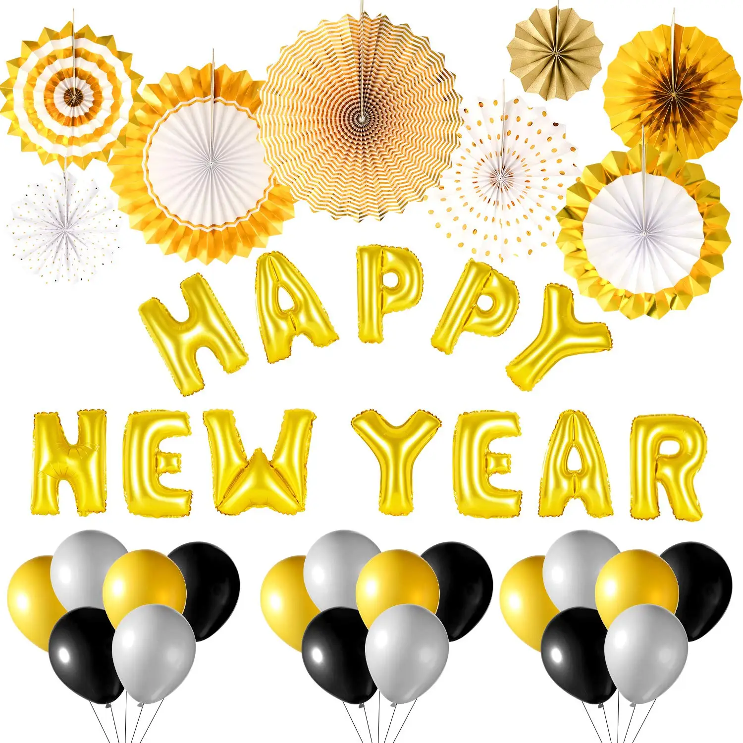 New Years Eve Party Supplies 2021,Happy New Year Party Decorations Kit include Happy New Year Banner,2021 Gold Number Foil Balloons,Cupcake Toppers and Wrappers,Chocolate Stickers and Ballons Kits for New Years Eve Party