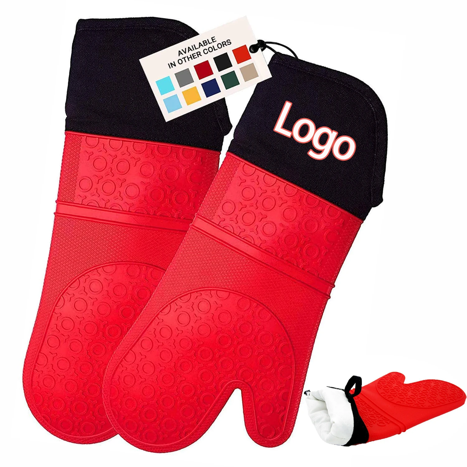 

Custom Logo Cooking Baking BBQ Grill Microwave Waterproof Heat-insulation Kitchen Gloves Extra Long Cotton Silicone Oven Mitts