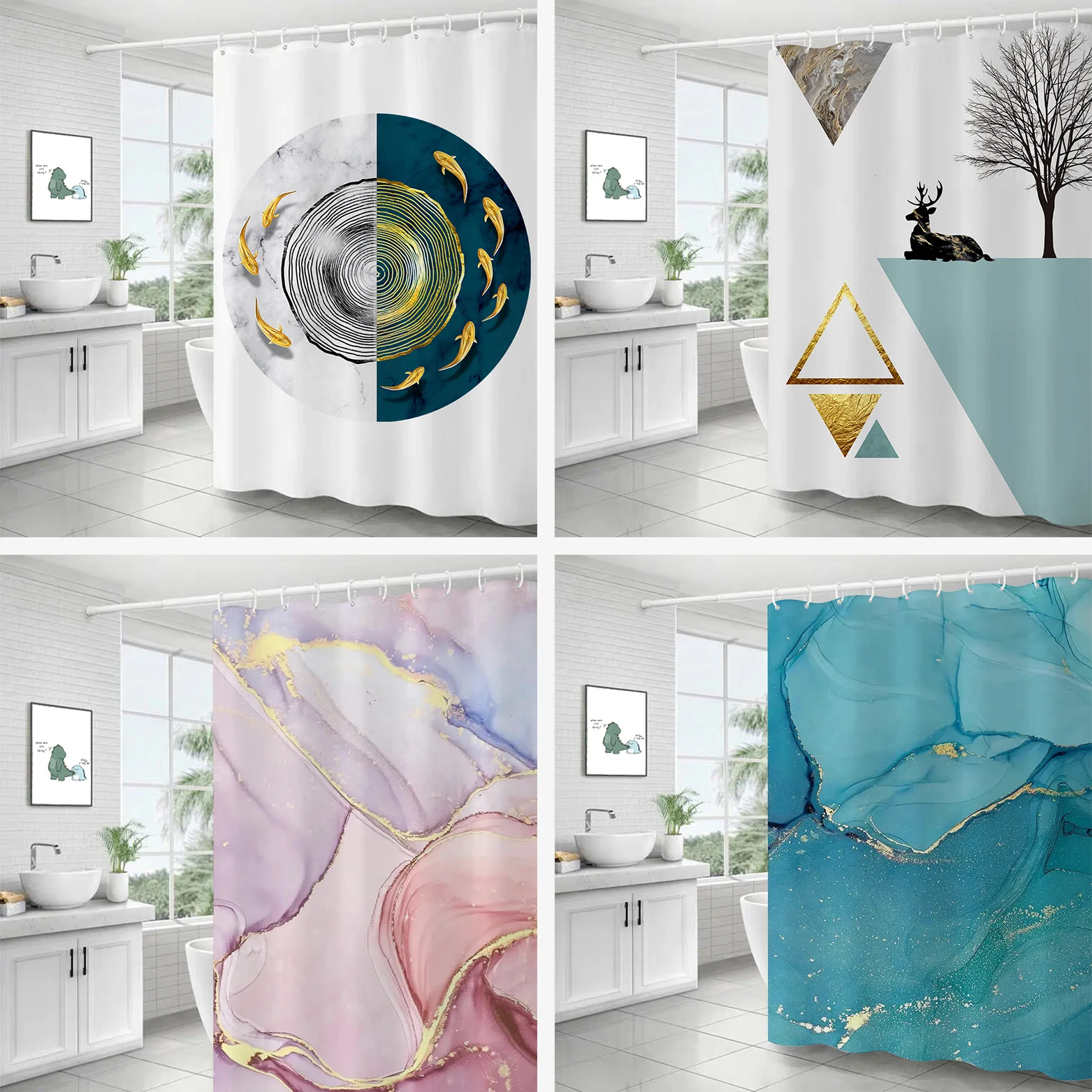 

Geometric Modern painting Gilt Printed Cartoon Bath Shower Curtains Liner Sets for Bathroom