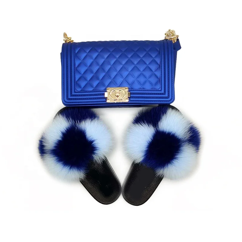 

Purse Bag Match Multicolor Fur Slides Sandals Rainbow Jelly Bag With Fox Fur Slippers Raccoon Fur sandals Sets, Customized color