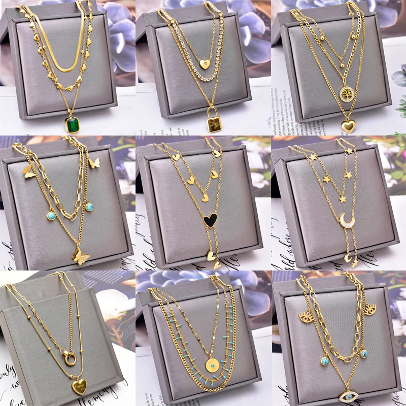 Bohemian Stainless Steel Multilayer Chain Necklace Heart Butterfly Lock Eye Pendant Necklace Women Fashion Jewelry