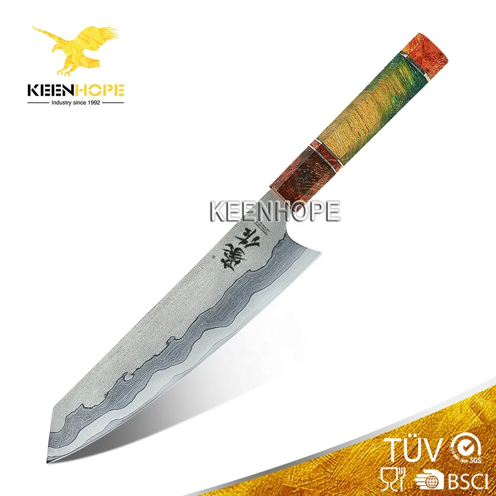 

100% Inspection Good quality Damascus Knife 8 inch Kiritsuke Gyuto Knife American 7 Layers 440C Clad Steel Blade Burning Pattern