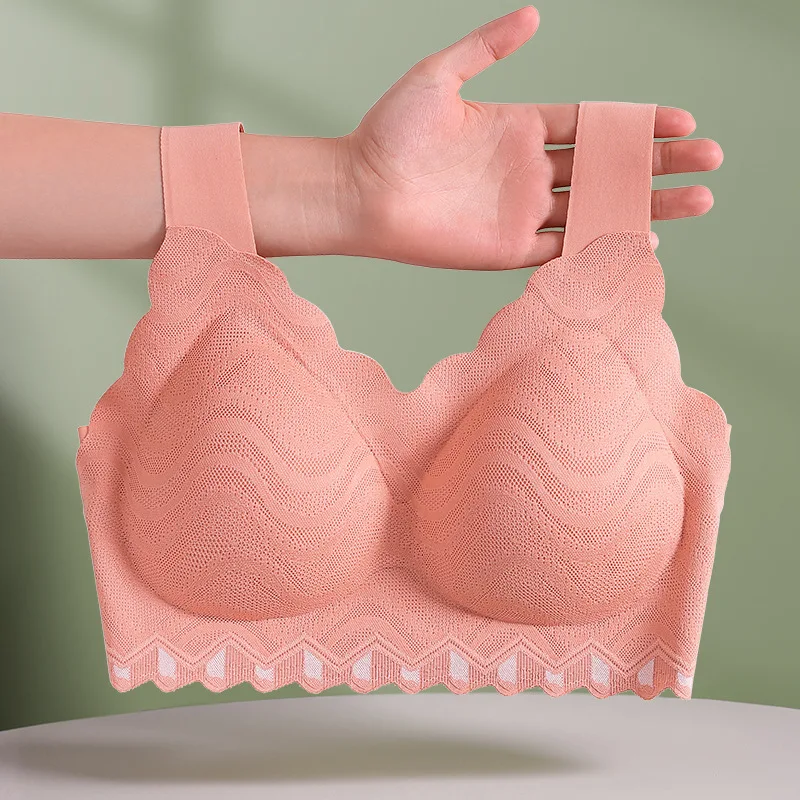 

One Piece Fixed Cup Widening Strap Vest Latex Bra Ladies Lace Large Size Sleeping Seamless Beauty Back Underwear