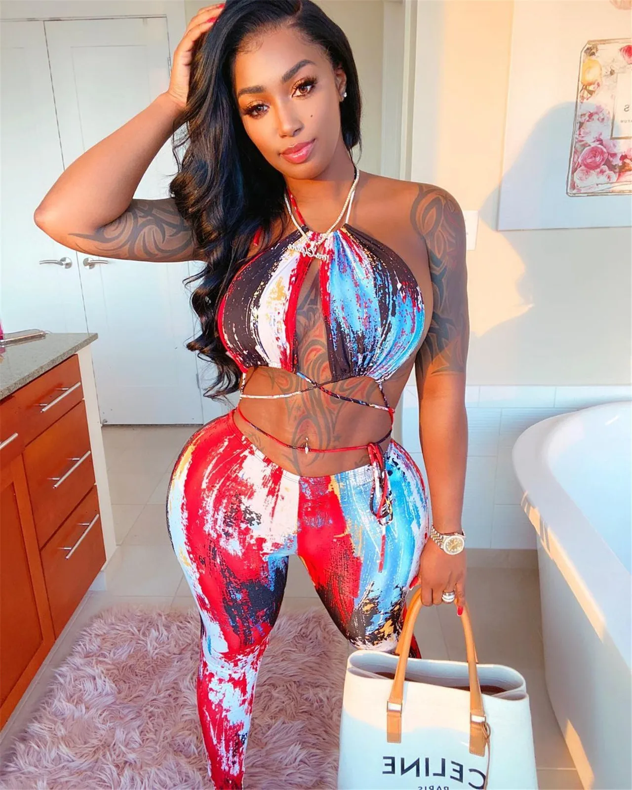 

new women summer halter top and long pants backness women 2 piece set clothing