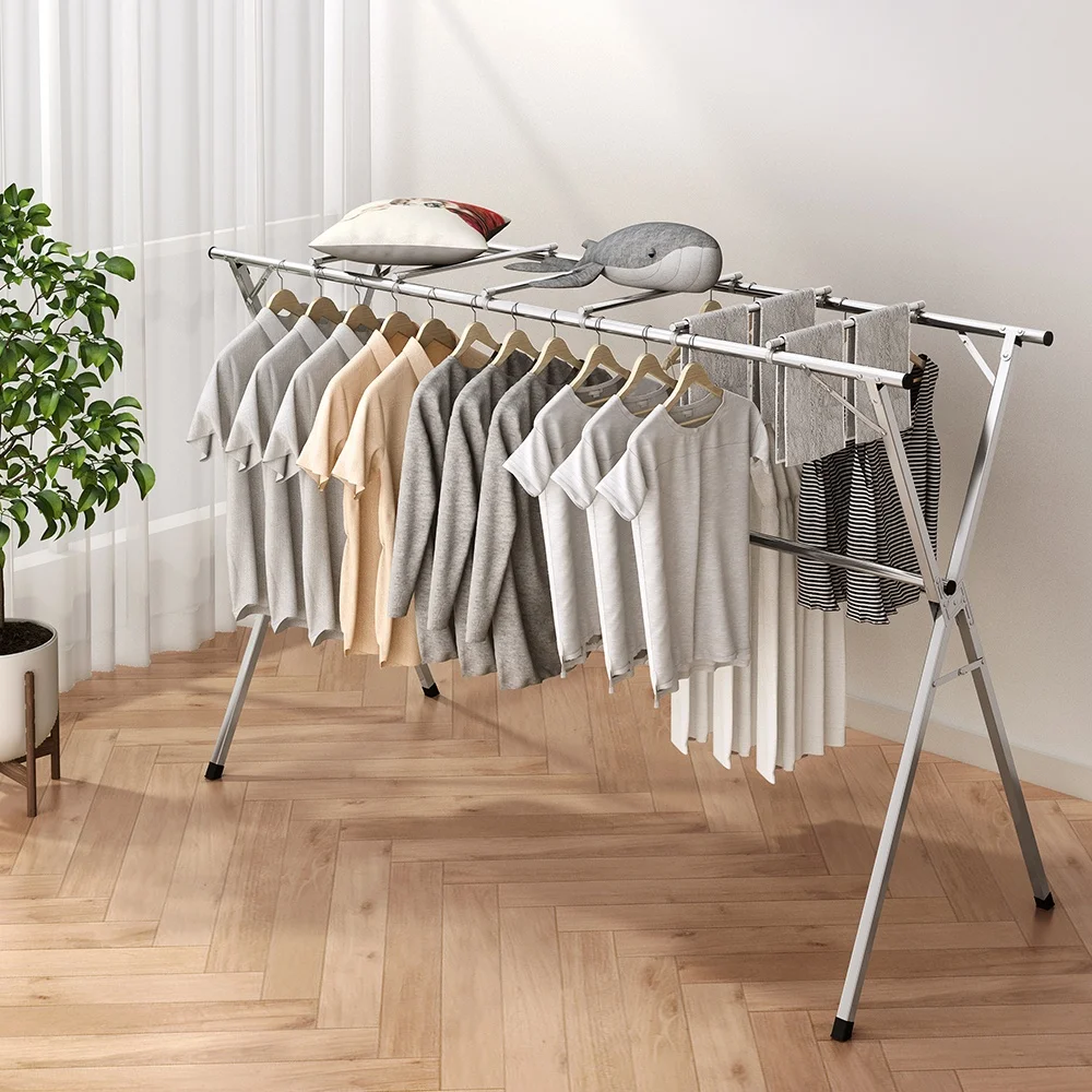 

Metal Free Standing Closet Clothing Organizer Garment Hanging Rack with Top Rod and Lower Storage Shelf Clothes Rail, Silver