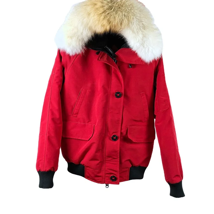 

Winter Short E02 Free Shipping Bomber Jacket Canada Lady Design Goose Down Wolf Fur Hooded Goose Down Coat For Women, Red blue green black