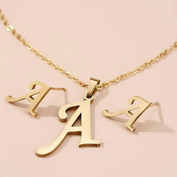 

Gold Plated Jewelry Stainless Steel Pendant Necklace Stud Earrings Letter Jewelry Set for Women Girls, Picture shows