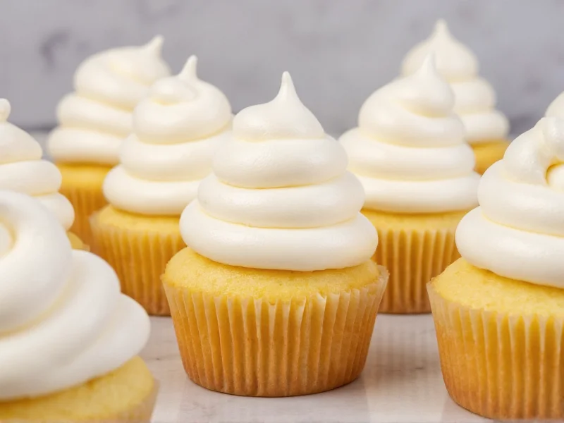 Smooth homemade icing sugar frosting on vanilla cupcakes