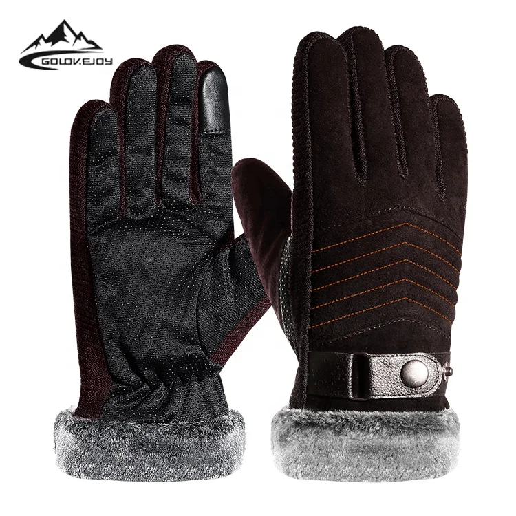 

GOLOVEJOY DB27 Male Cycling Pigskin Gloves Windproof Keep Warm Motorcycle Driving Skiing Leather Polar Fleece Hand Glove Winter, Black, brown